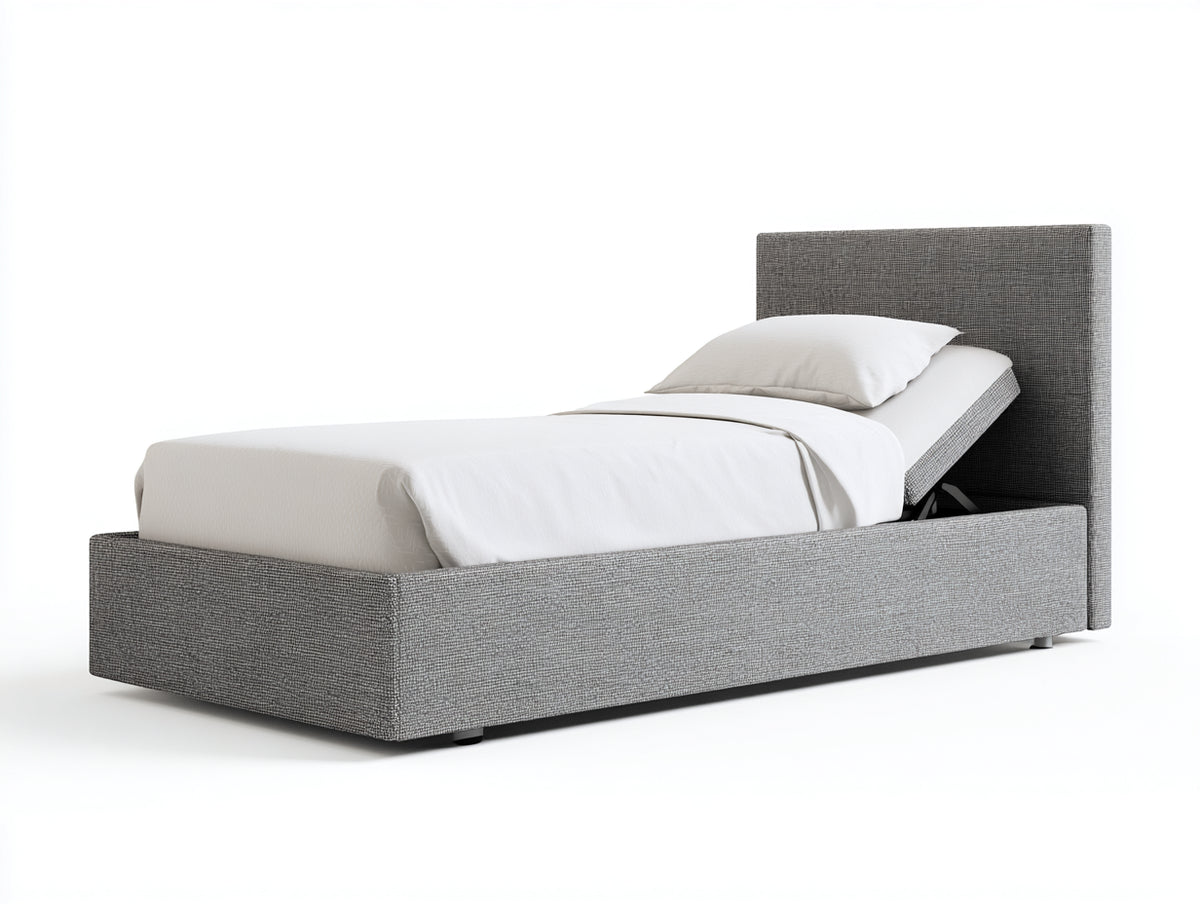 Einzelbett gepolstert Stoff 215x105x100 cm - Grau - Modernes Bettgestell mit hohem Kopfteil und Lattenrost Funktion