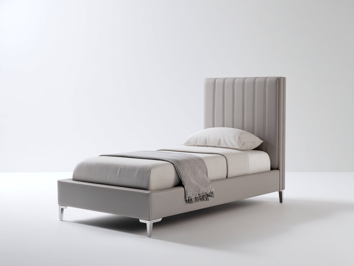 Einzelbett gepolstert Kunstleder 215x105x100 cm - Grau - Modernes Bettgestell mit hohem Kopfteil und vertikaler Steppung
