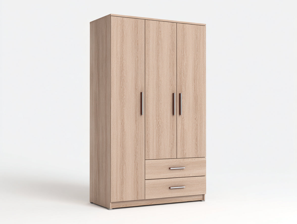 Kleiderschrank aus Holzwerkstoff 120x55x195 cm - Natur - mit 3 Türen und 2 Schubladen