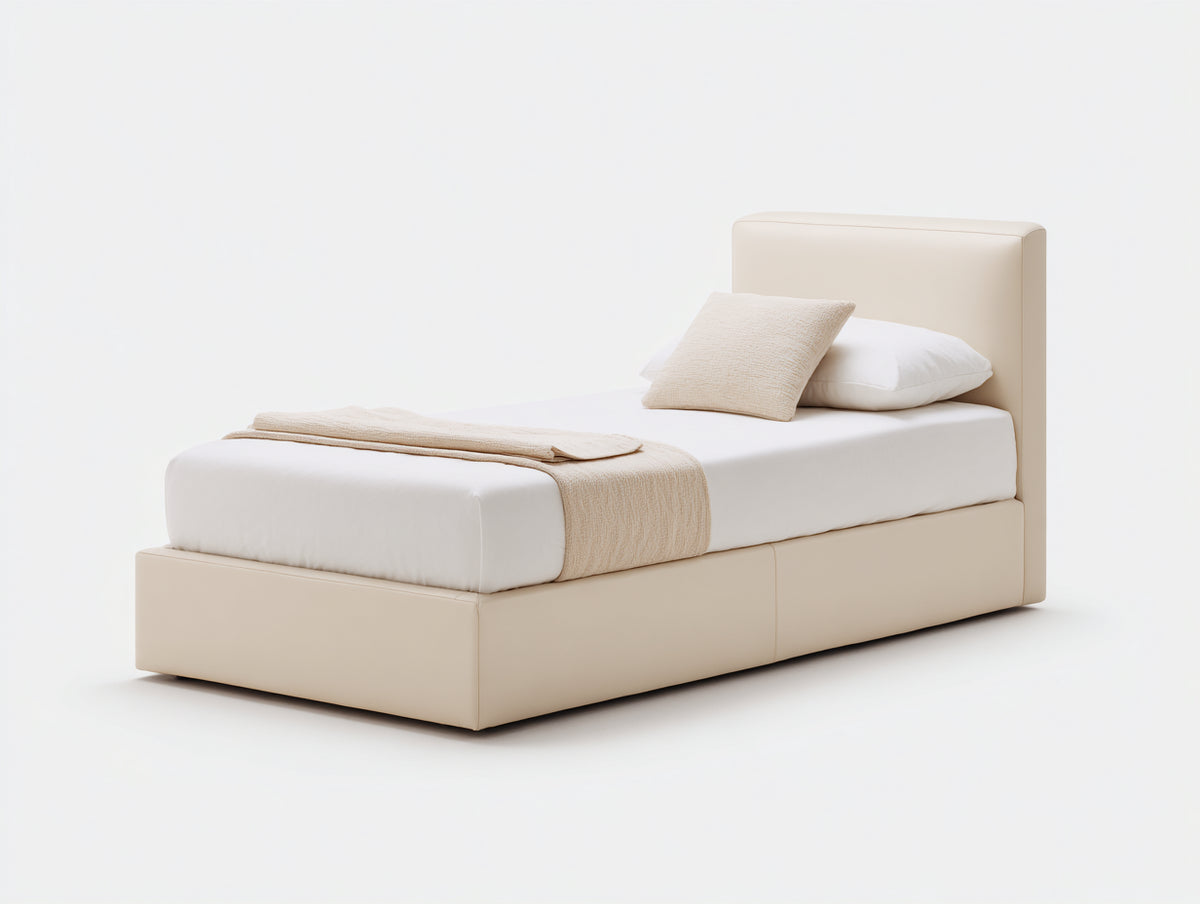 Einzelbett mit Kunstlederbezug 215x112x125 cm Beige mit gepolstertem Kopfteil und schlichtem Design