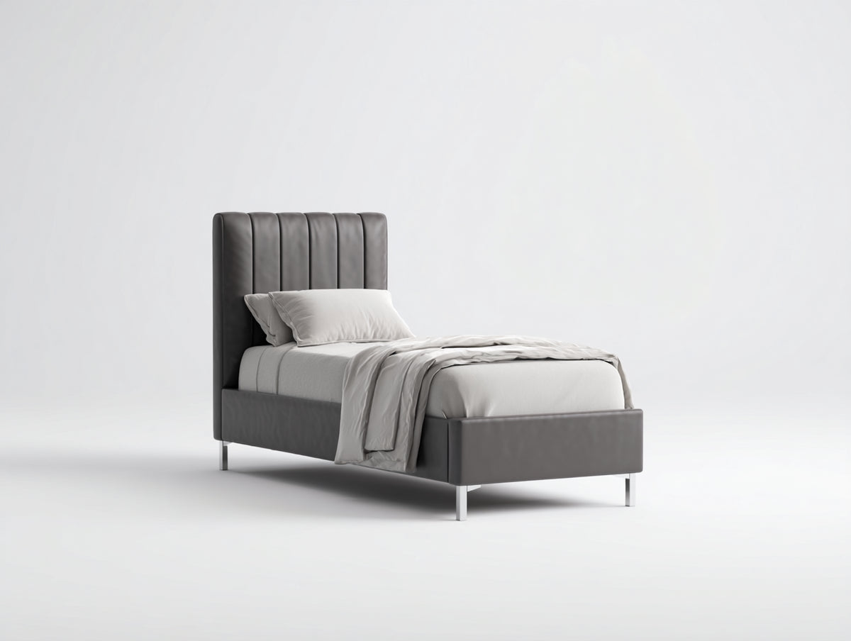 Einzelbett mit Kunstlederbezug 215x112x125 cm Dunkelgrau mit vertikal gepolstertem Kopfteil und Metallfüßen