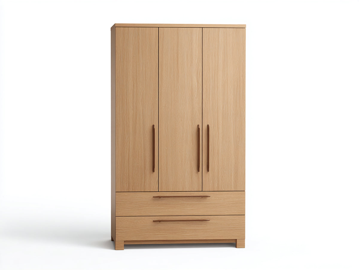Kleiderschrank aus Holzwerkstoff 150x58x200 cm Natur mit 3 Türen und 2 Schubladen