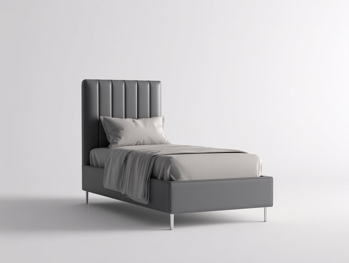 Einzelbett Polsterbett 213 x 98 x 102 cm - Modernes Einzelbett mit vertikal gepolstertem Kopfteil und Stoffbezug - Elegantes Bett für Schlafzimmer und Gästezimmer in Grau
