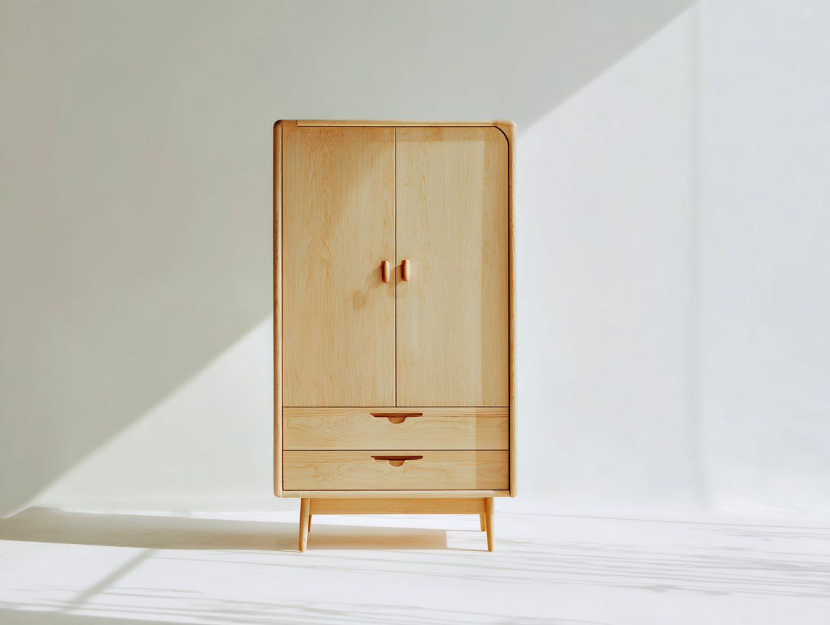Kleiderschrank aus Holz 110x55x190 cm Natur mit 2 Türen 2 Schubladen und abgerundeten Kanten