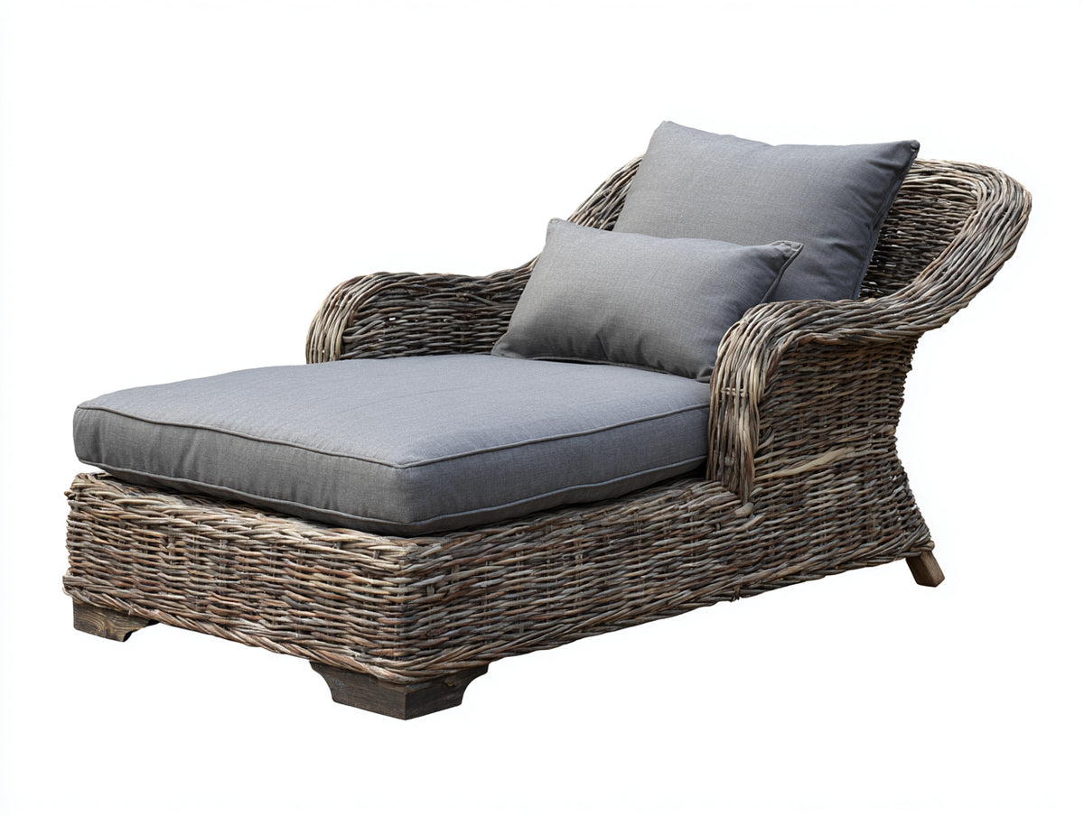 Sonnenliege aus Polyrattan 170x95x88 cm Braun-Grau mit Armlehnen und gepolsterter Liegefläche