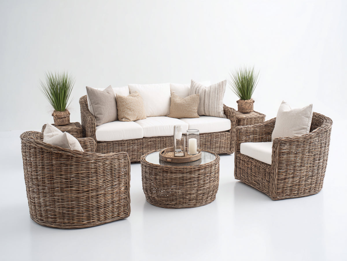 Gartensofa 6-teilig aus Polyrattan 210x90x85 cm Braun-Creme mit 3-Sitzer Sofa 2 Sesseln Couchtisch und 2 Beistelltischen