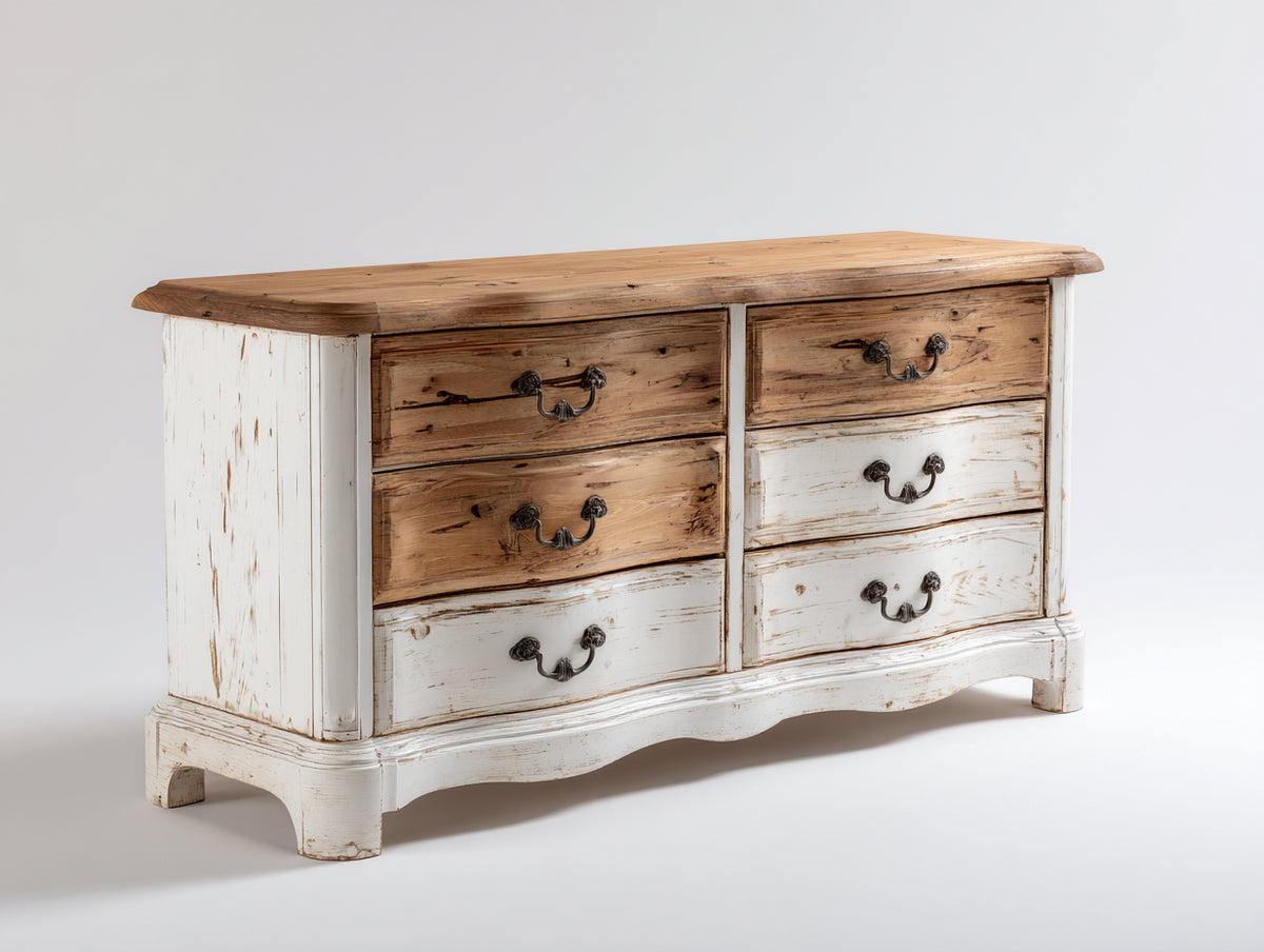 Kommode mit Schubladen aus Holz 150x45x80 cm - Weiß Braun - Vintage Design mit 6 Schubladen für Schlafzimmer und Wohnzimmer