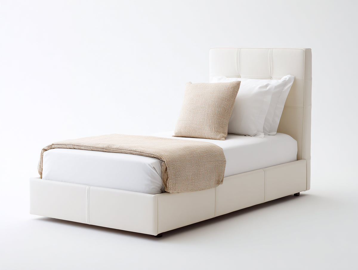Einzelbett aus Holzwerkstoff und Kunstleder 209x107x109 cm - Weiß - Gepolsterter Bettrahmen mit hohem segmentiertem Kopfteil im modernen Stil für Schlafzimmer