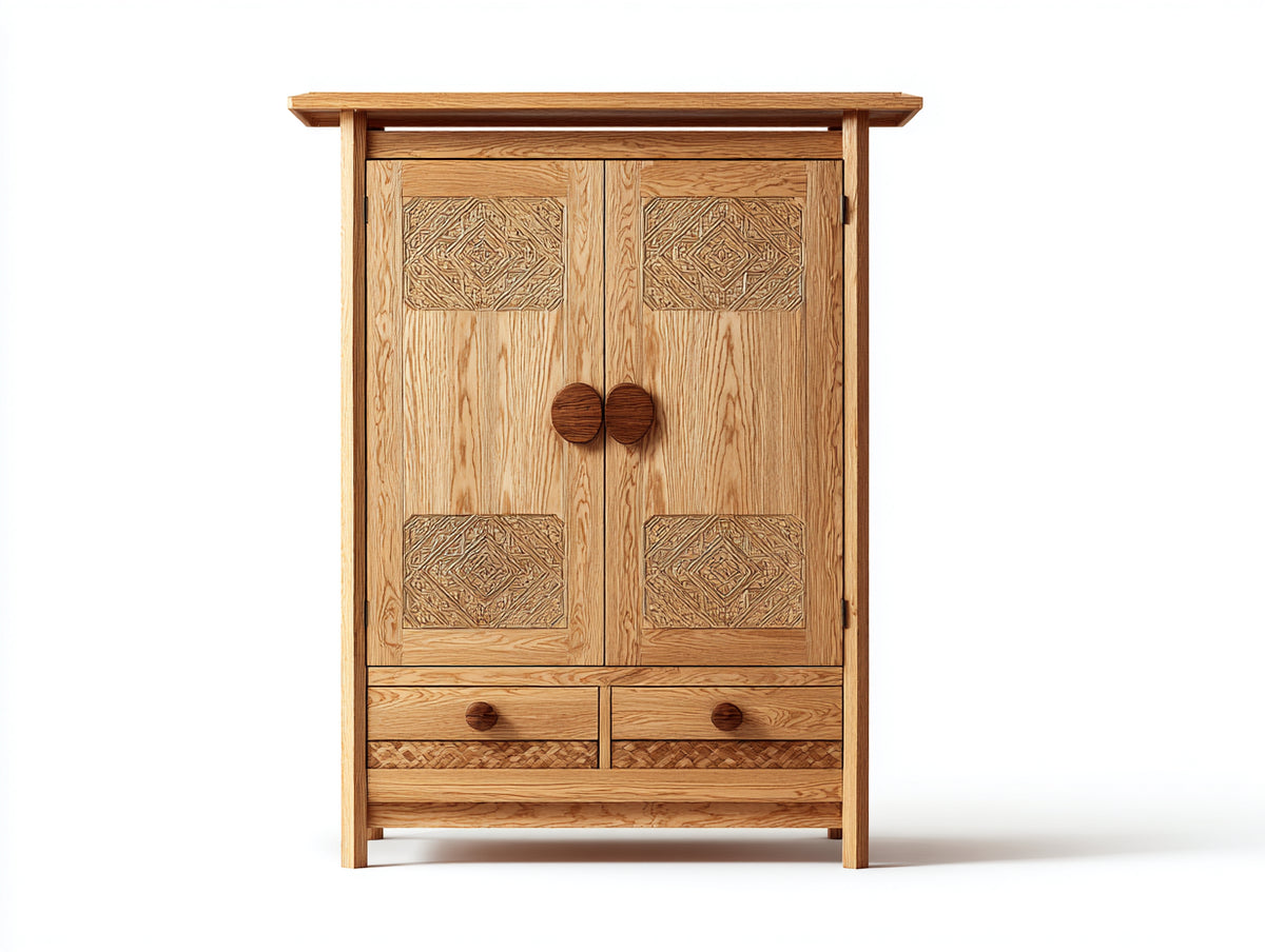Kleiderschrank aus Holz 120x55x190 cm Natur mit 2 Türen 2 Schubladen und Reliefverzierungen