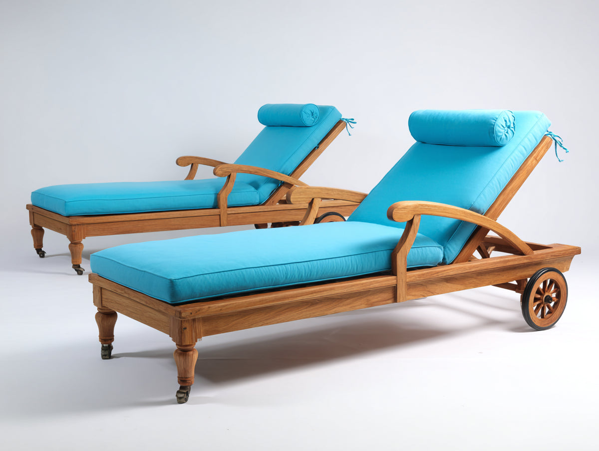 Sonnenliege 2er-Set aus Holz 205x75x100 cm - Natur-Türkis - verstellbare Rückenlehne mit Armlehnen und Rollen