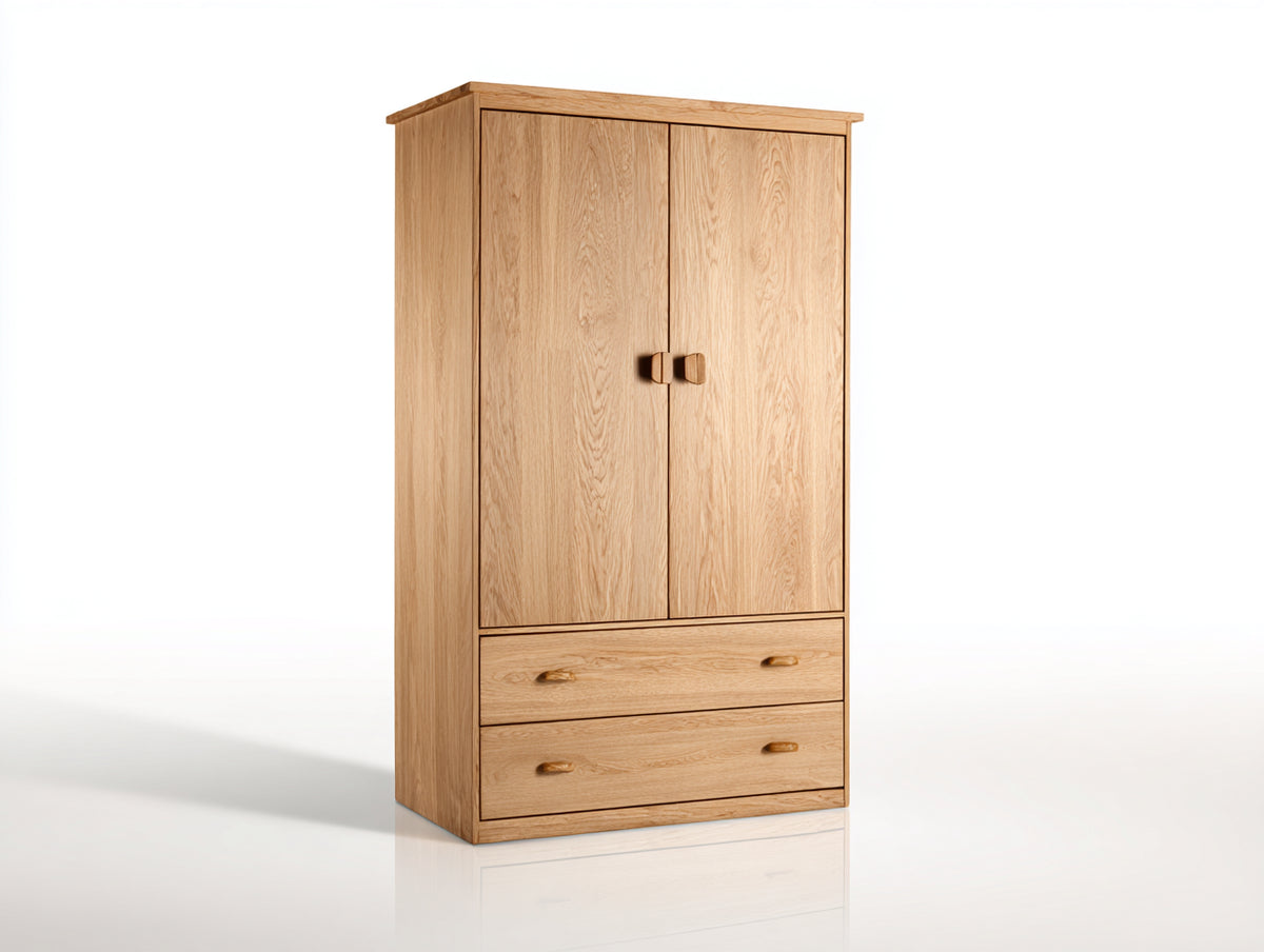 Kleiderschrank aus Holzwerkstoff 108x56x192 cm - Naturfarben - Zweitüriger Schlafzimmerschrank mit zwei Schubladen und Holzgriffen im modernen Naturstil für Schlafzimmer