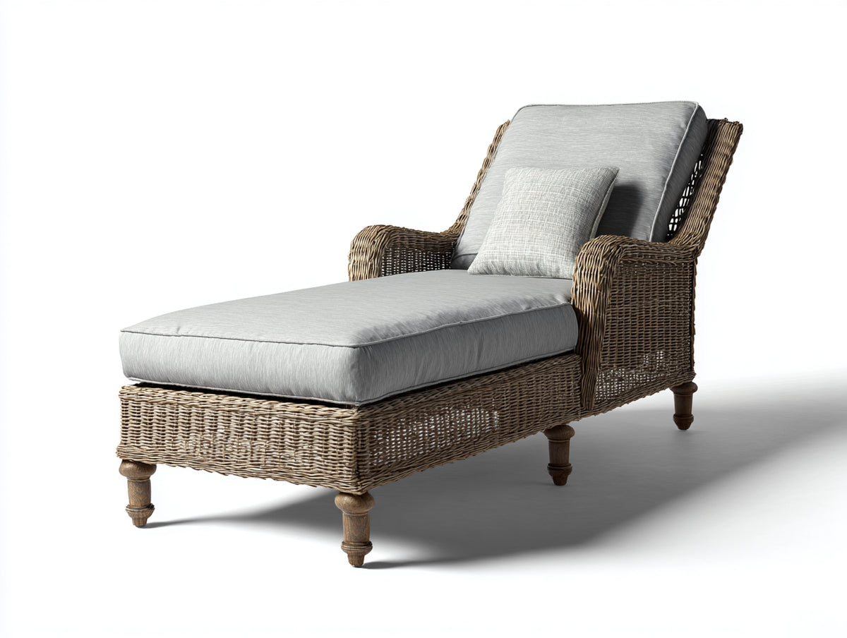 Sonnenliege aus Polyrattan Holz und Stoff 192x84x94 cm - Grau-Naturfarben - Gepolsterte Gartenliege mit Armlehnen und geneigter Rückenlehne im klassischen Landhausstil für Garten und Terrasse